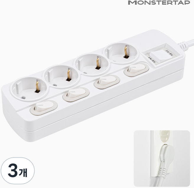 몬스터탭 국산 개별 절전 과부하차단 스위치 멀티탭 슬림 플러그, 3개, 개별 4구 화이트, 3m