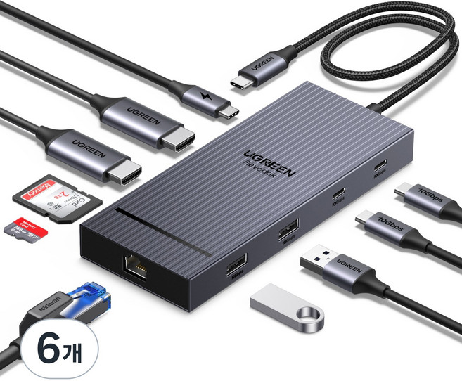UGREEN 유그린 Revodok Pro 10포트 USB3.2 C타입 멀티허브 |삼성덱스 맥북 호환|듀얼 모니터 확장|4K60Hz|10Gbps|기가비트|SD카드 리더기|PD100W, 6개, Grey, CM886