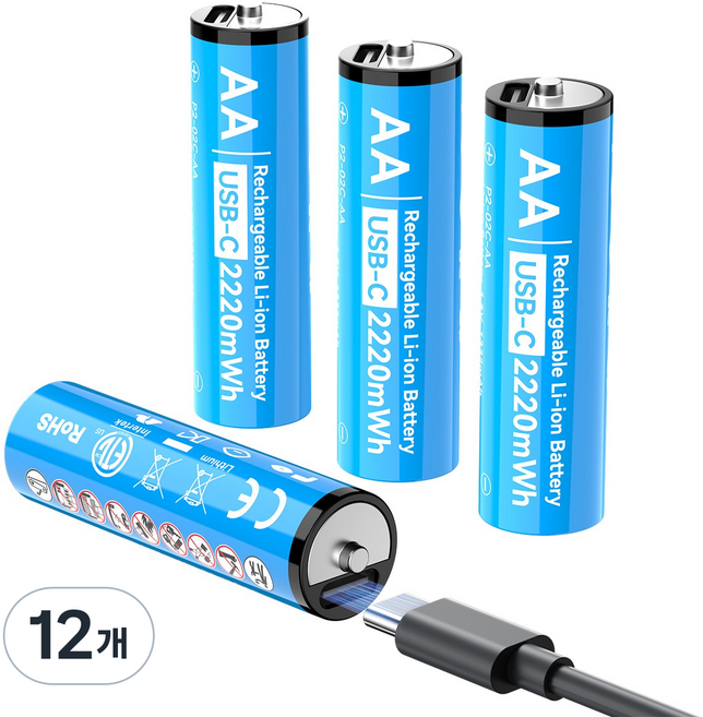 에네곤파워 AA 충전지 C타입 충전식 건전지 USB-C 충전지 장난감용 리모컨용 + 케이블, 12개