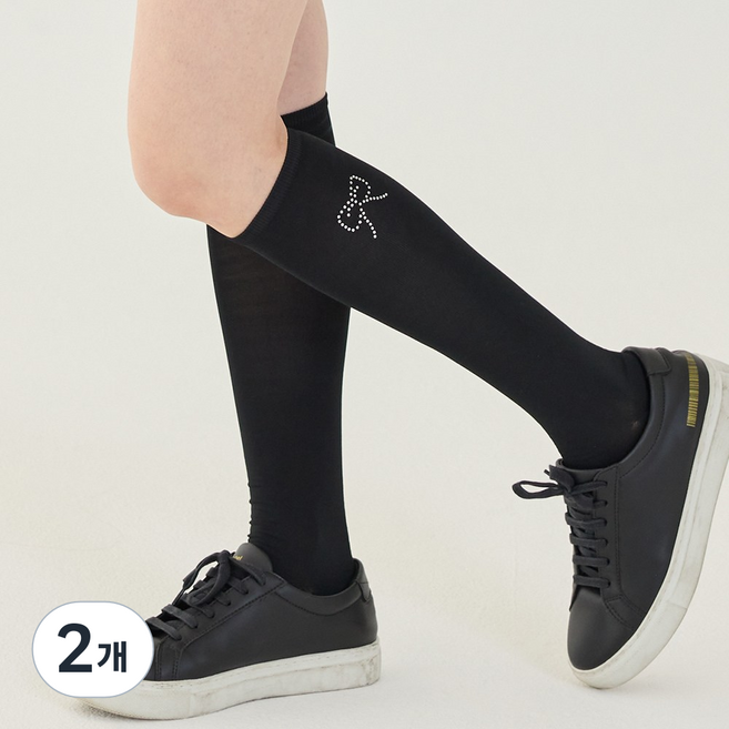 제이투제이 여성골프웨어 쿨드라이 큐빅 리본 니삭스, 블랙, 2개