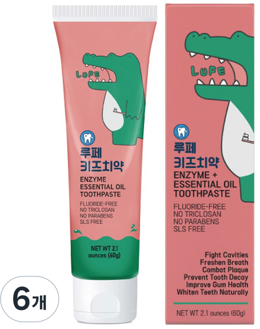 루페 키즈치약 무불소 자연원료 효소 천연 계면활성제 충치예방 안전한 주니어 어린이 아기 치약, 6개, 60g