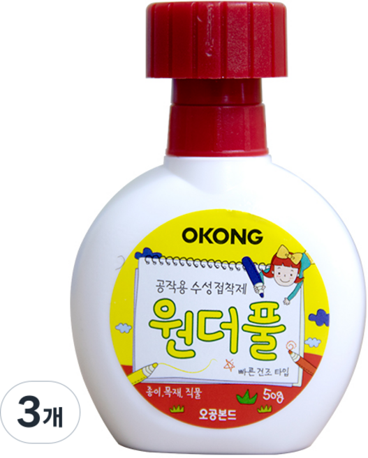 오공본드 친환경 공작용 종이 목재 직물 접착제 원더풀, 3개
