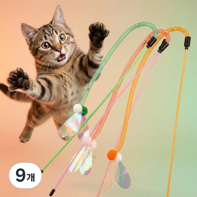 묘견인생 고양이 카샤 바스락 낚시대 장난감, 9개, 핑크,오렌지,그린