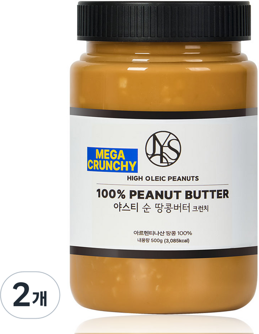 야스티 순 땅콩버터 크런치 100% 무첨가, 2개, 500g