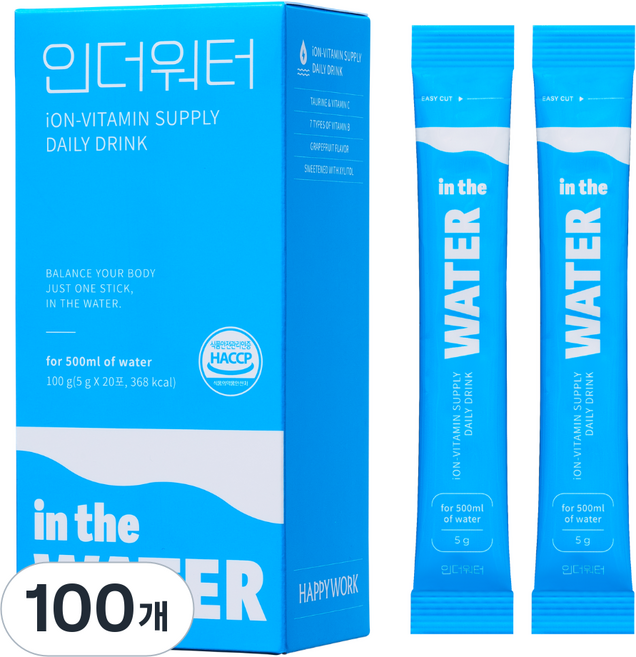 인더워터 이온음료 수분충전 분말 전해질 비타민 타우린, 100개, 5g