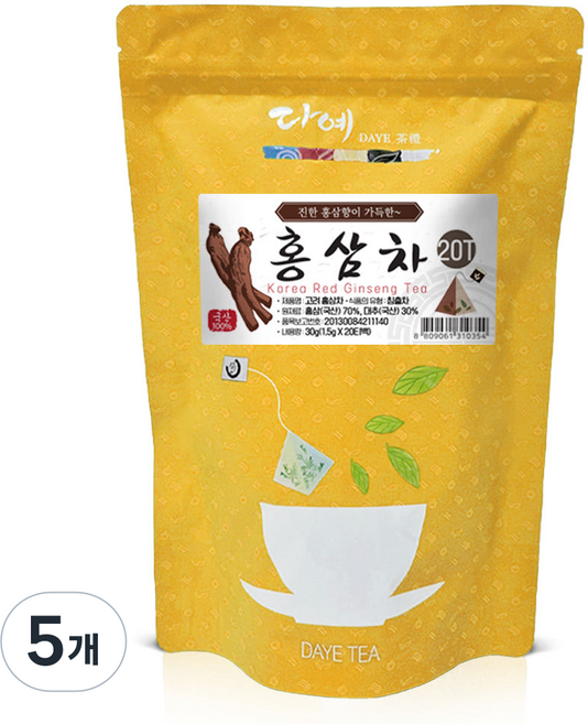 [본사직영] 다예 100% 국산 우려먹는 건강 홍삼차 생분해 삼각티백, 1.5g, 20개입, 5개