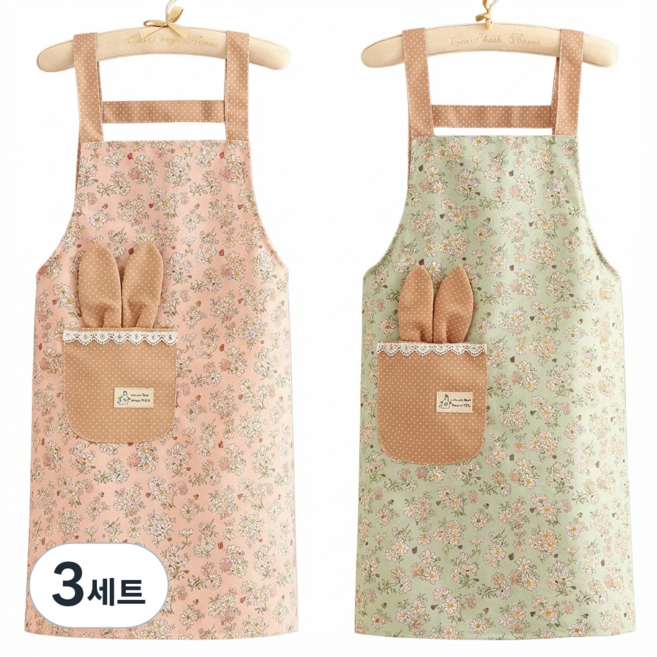 CLUBUNI 주방 방수 플라워 린넨 앞치마 2개, 3세트, 핑크+그린