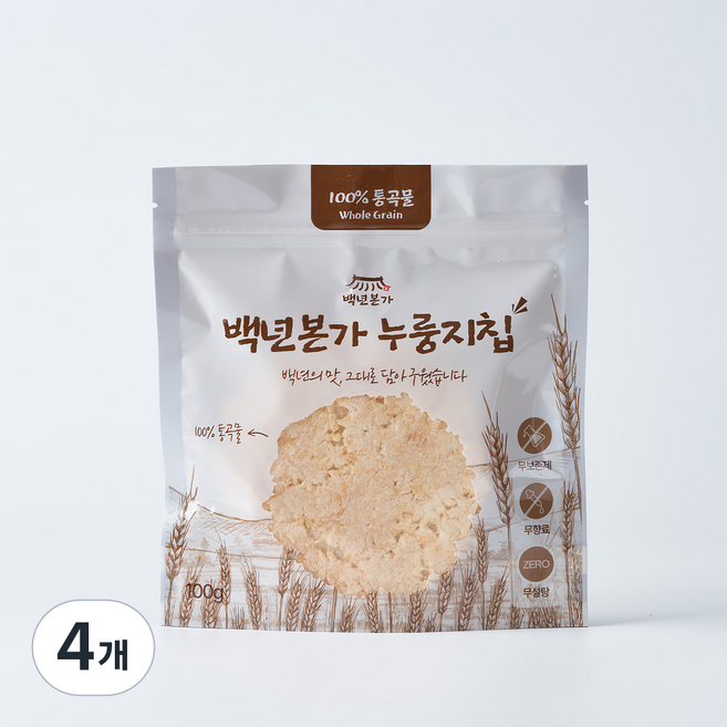 백년본가 국내산 1mm 햇쌀 건강간식 백미 누룽지칩, 100g, 4개