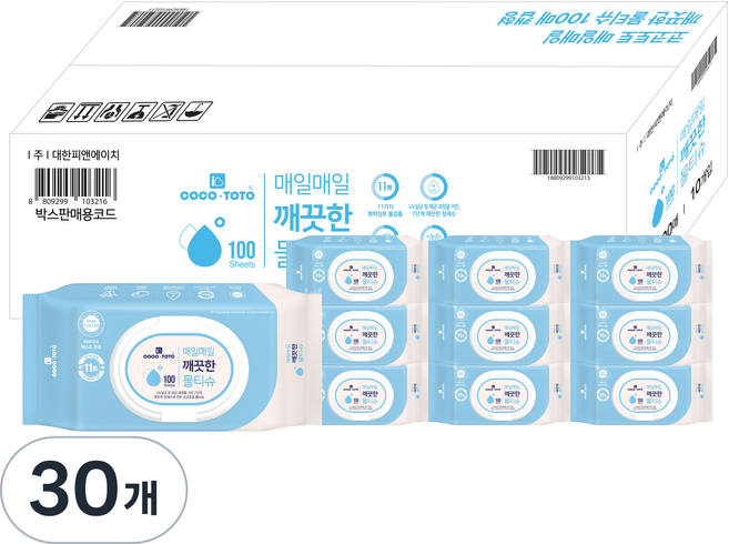 코코토토 매일매일 깨끗한 물티슈 캡형, 100매, 30개