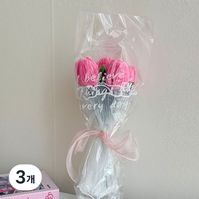 달이루마켓 모루꽃다발 완제품 튤립 여자친구 성년의날 로즈데이 선물 쇼핑백포함, 3개, 모루꽃다발+쇼핑백