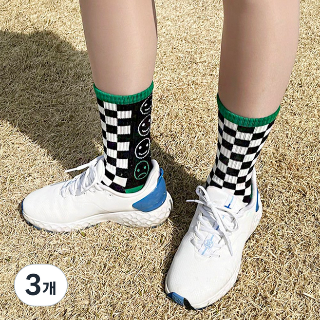 투솜 그린블랙 믹스 골프양말 여자골프양말 봄 가을 포인트양말 여성골프양말 사계절, 3개, 쓰리스마일