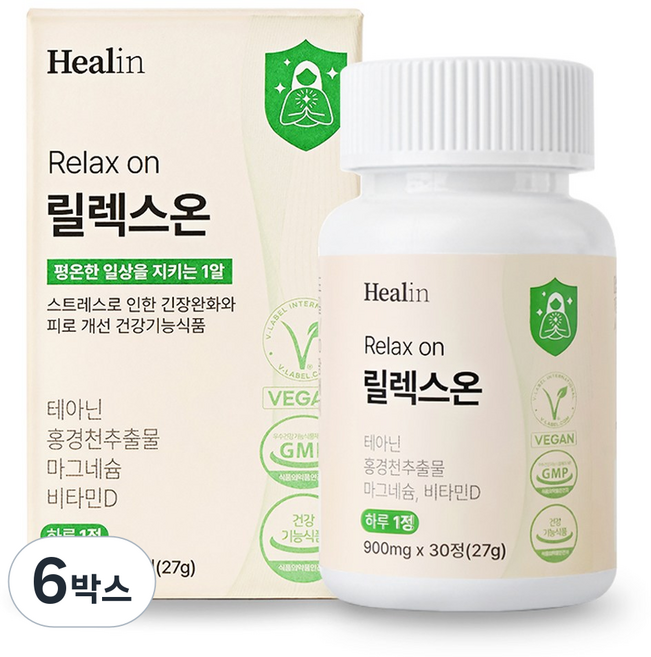 힐린 릴렉스온 스트레스 긴장완화 테아닌 홍경천 마그네슘 영양제, 30정, 6박스