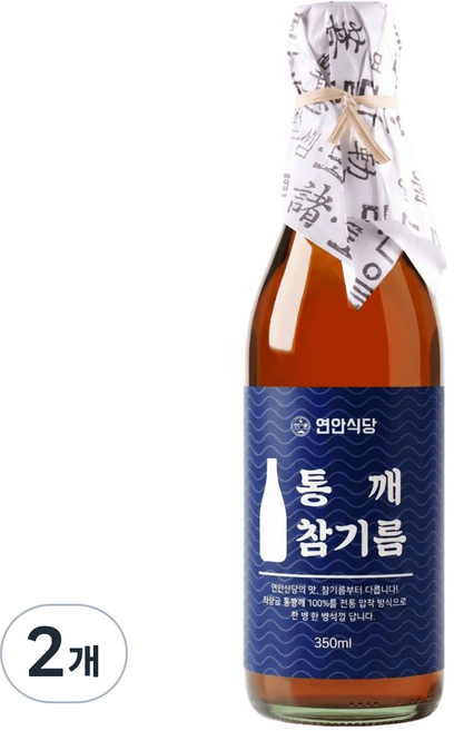 [참기름 특가] 연안식당 저온압착 참기름 통참깨 참기름100%, 2개, 350ml