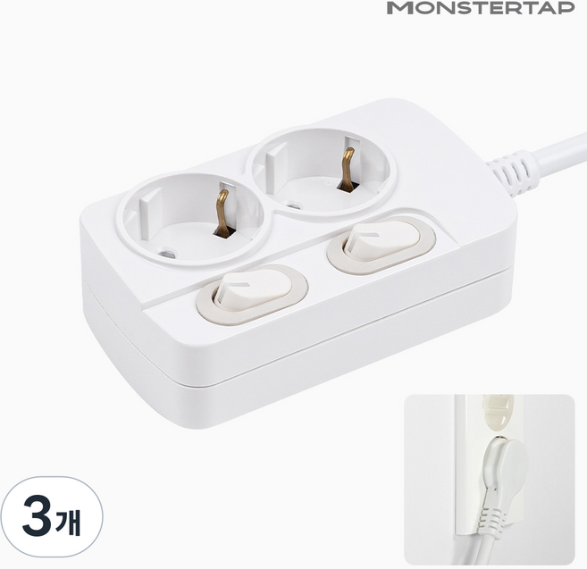 몬스터탭 국산 개별 절전 과부하차단 스위치 멀티탭 슬림 플러그, 3개, 개별 2구 화이트, 3m