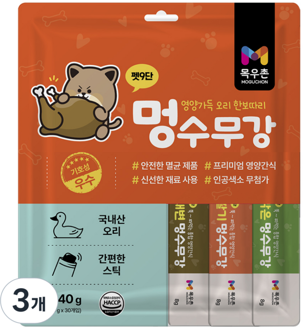 목우촌 펫9단 멍수무강 강아지 짜먹는 양갱 스틱, 3개, 240g, 오리