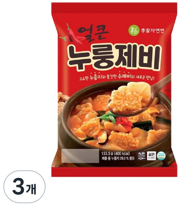 이가자연면 얼큰 누룽제비, 133.5g, 3개