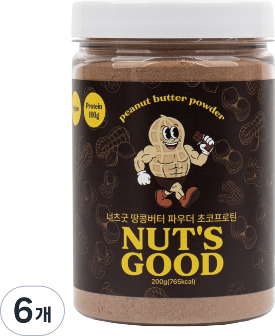 너츠굿 저지방 땅콩버터 파우더 초코 프로틴 무가당 코코아 단백질 쉐이크, 6개, 200g