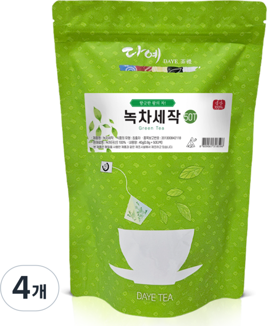 [본사직영] 다예 100% 국산 맛있는 녹차세작 생분해 삼각티백, 800mg, 50개입, 4개