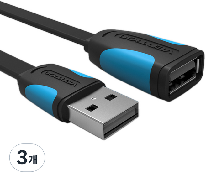 벤션 플랫 칼국수형 USB 연장케이블 연장선 VAS-A10, 3m, 3개