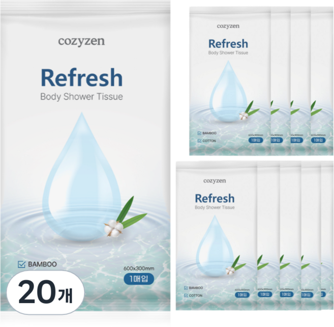 코지젠 물없이 간편 3중케어 특대형 바디 샤워티슈, 20개, 1개입