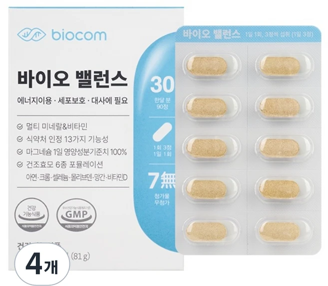 바이오밸런스 만성피로 영양제 멀티미네랄 활성산소 아연 셀레늄 크롬 마그네슘, 4개, 90정 - 쿠팡