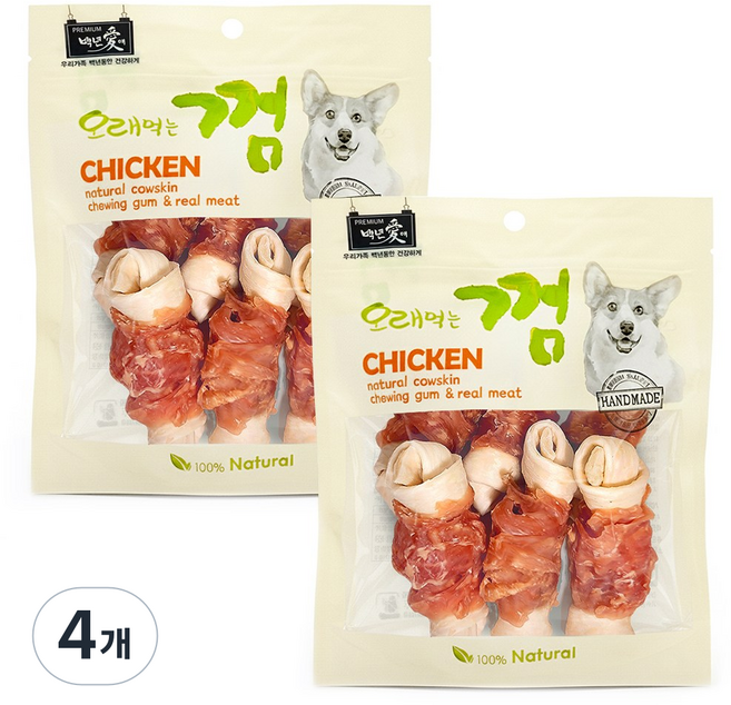 백년애 고기가 2배 이상 말린 오래먹는 강아지껌, 4개, 250g, 닭고기 중형