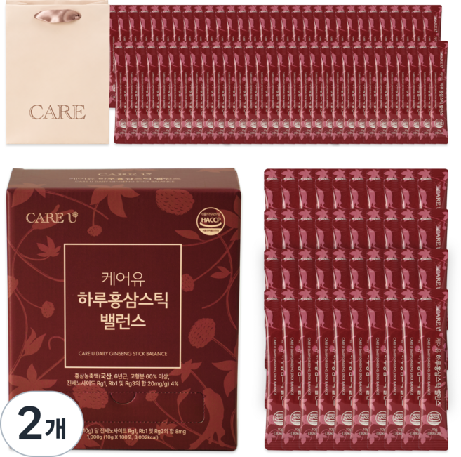 케어유 고려 홍삼스틱 국내산 6년근 실속형 대용량 하루 밸런스+쇼핑백, 2개, 100회분