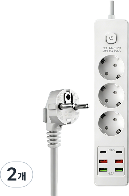 2PD+4USB 멀티탭 고용량 콘센트 누전차단 과부하 차단 절전 멀티탭, 2개, 흰색 3구 PC2500W, 2m