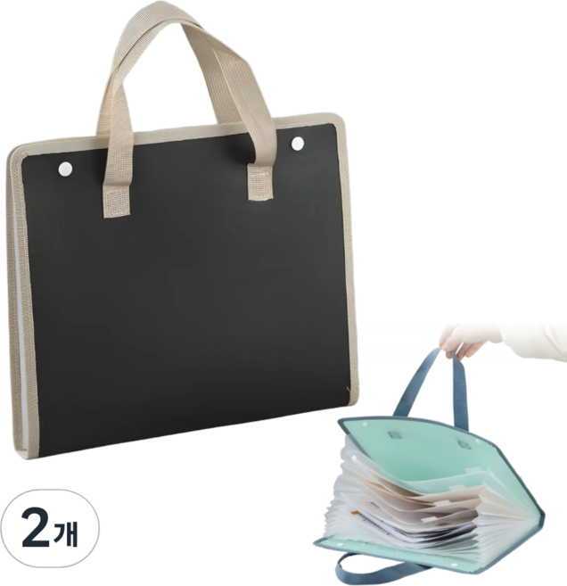 BDYP 아코디언 파일 12칸 손잡이형 A4 휴대용 서류백, 2개, 블랙