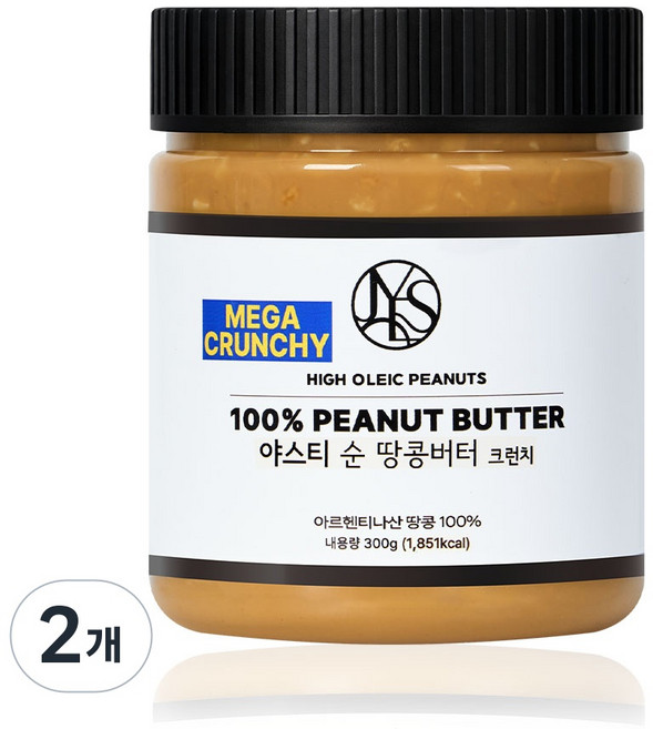 야스티 순 땅콩버터 크런치 100% 무첨가, 2개, 300g