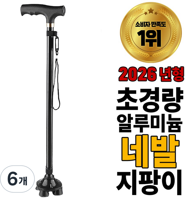 탑홀드 초경량 노인 어르신 길이조절용 지팡이, 6개, 블랙 포레그