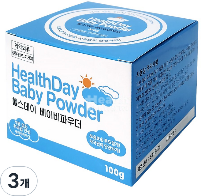 헬스데이 베이비파우더 /저자극/유아파우더/땀띠방지/알로에베라겔/보송보송 부드럽게! 자극없이 안전하게!, 100g, 3개