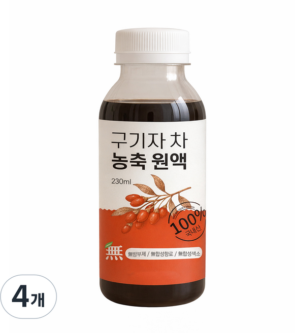 오늘담 구기자차 국내산 구기자 원액 100%, 230ml, 4개