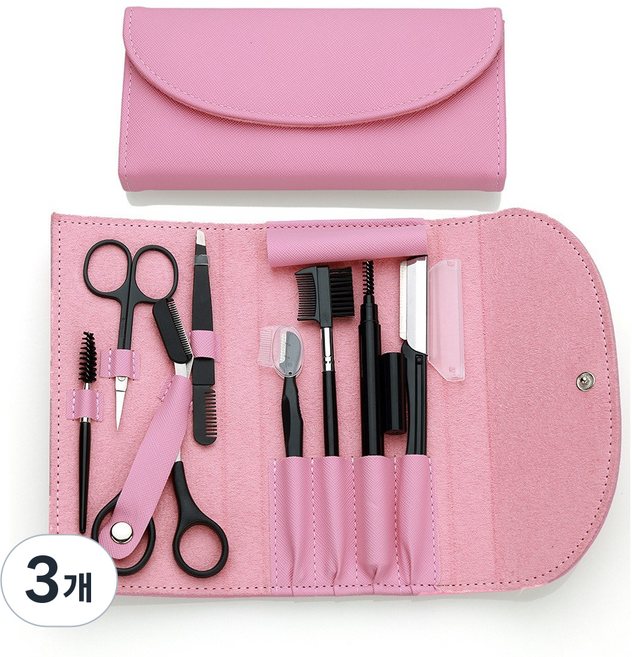 눈썹 칼 가위 눈썹정리 8종 가죽세트, 3개, 핑크