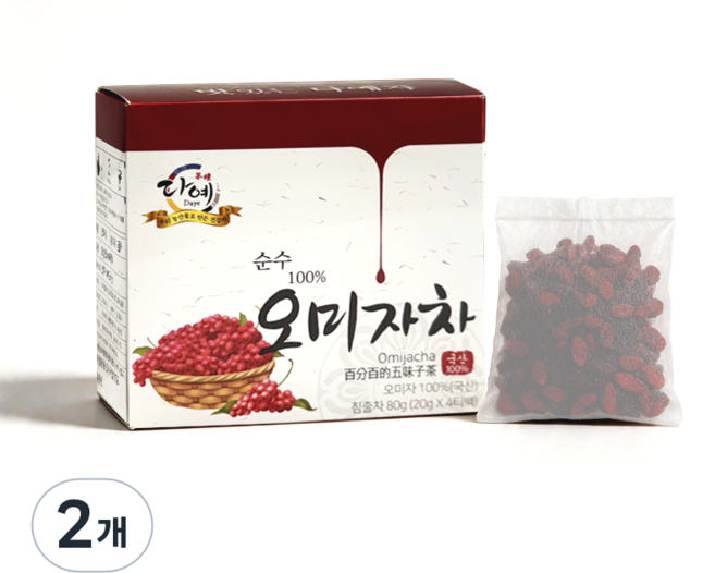[본사직영] 다예 오미자차 원물 100% 사각티백 80g(4g X 20티백) 대용량, 20g, 2개, 4개입