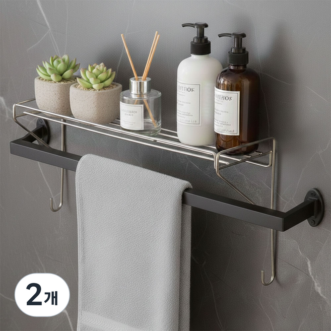 생활꾸밈 무타공 스텐304 수건걸이 선반, 실버, 2개