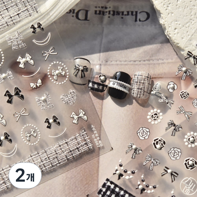 키라데이 트위드 리본 3D 네일스티커, 2개, 모노트위드