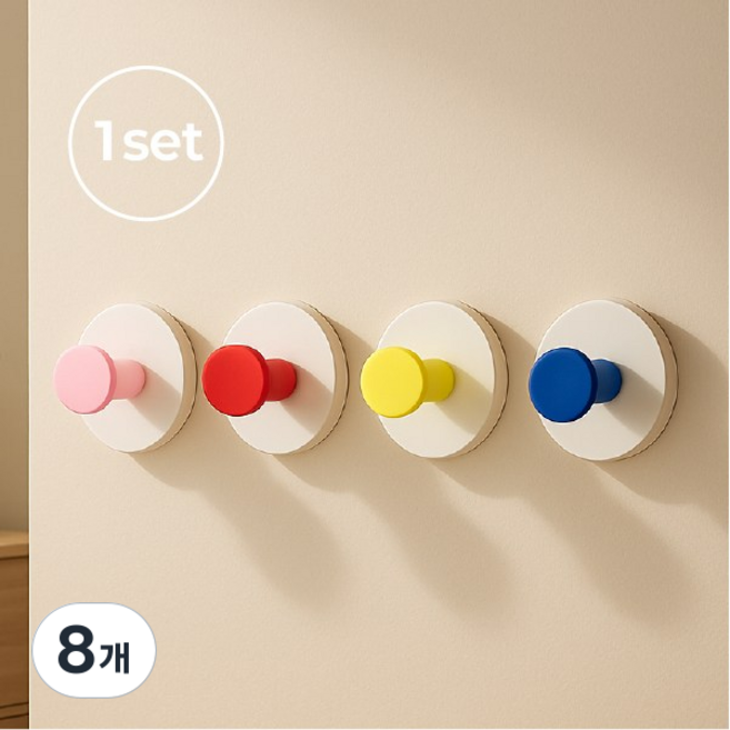 에버리즈 무타공 접착식 걸이 부착식 후크, 8개, 혼합(핑크,레드,옐로우,블루)