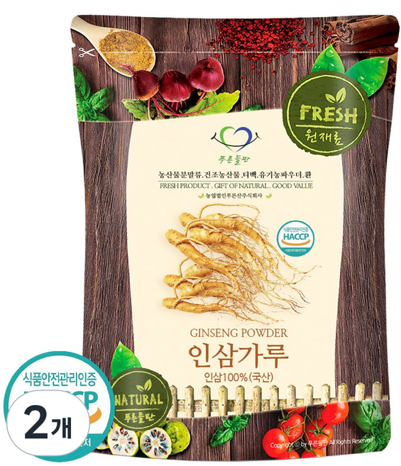 푸른들판 6년근 인삼 가루 분말 100% 국산 인삼차 HACCP, 50g, 2개
