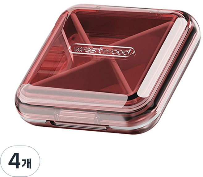 모노치 클리어 휴대용 알약 케이스, 4개, 체리레드