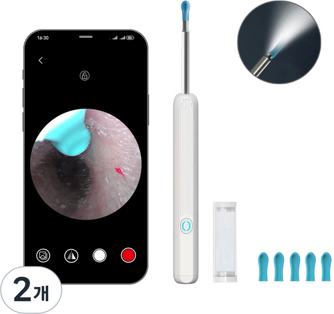 MountainWter 스마트폰 LED 내시경 귀이개 귀후비개 500W고화질카메라귀이개 LED 조명 소프트헤드 Type-C충전, 1개입, 2개, 흰색