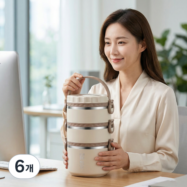 MEMEU 304 스테인리스 3단 보온 도시락 YDS-116, 6개, 화이트