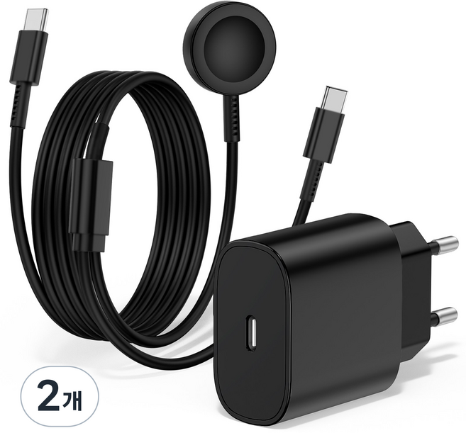 루미아코어 25W PPS PD 3.0 초고속 충전기 +갤럭시워치 호환 2in1 유무선 충전케이블 60W 180cm, 블랙충전기+케이블, 2개, 1.8m