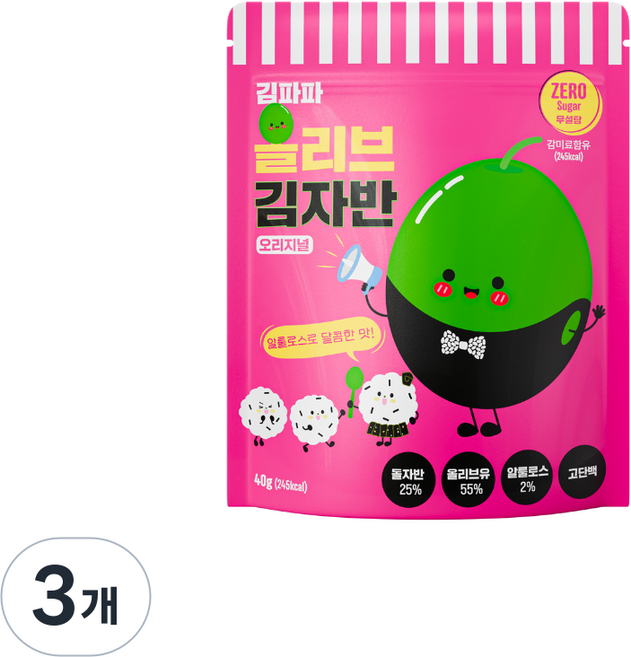 김파파 제로슈거 무설탕 김자반 4봉 알룰로스 저염 다이어트 식단 스페인산 올리브유, 3개, 40g