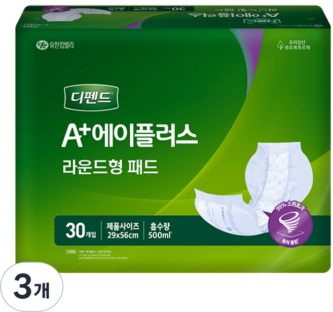디펜드 에이플러스 라운드형 패드 속기저귀 성인기저귀, 30매, 3개