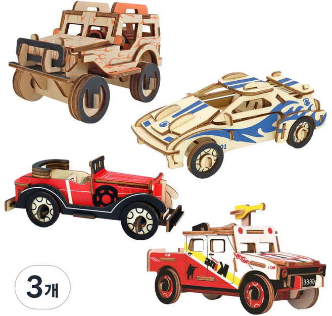 루캔필 DIY 우드퍼즐 입체 나무 자동차 오토바이, 3개, 혼합4종-B세트, 164피스