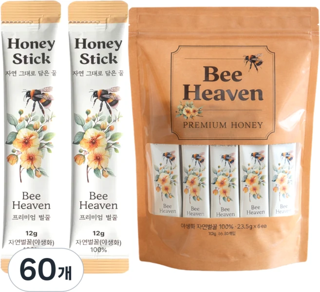 비헤븐 최상급 프리미엄 야생화 자연 꿀스틱, 60개, 12g - 쿠팡