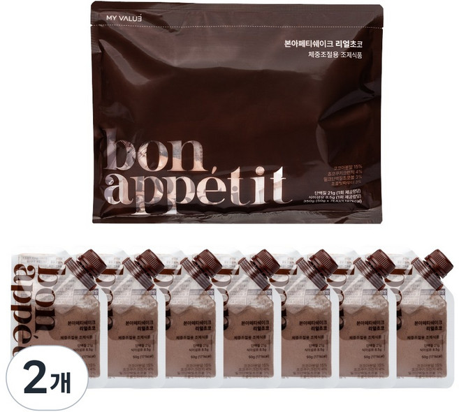 본아페티 단백질쉐이크 파우치 다이어트 식사대용 체중조절식 초코맛 프로틴 50g 7팩, 350g, 2개