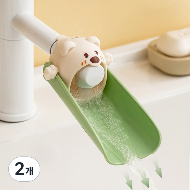 수도꼭지연장 어린이 손씻기 곰돌이 수전 유아수도 세면대 수도 연장탭 부속, 2개