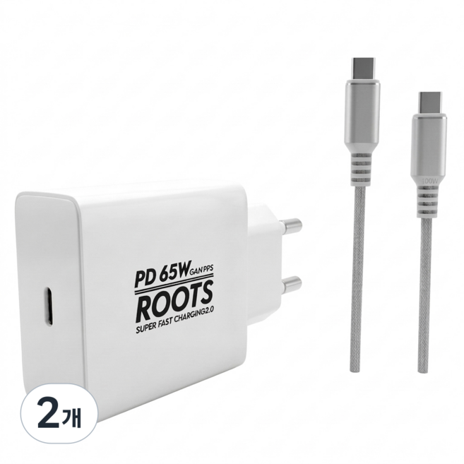 루츠 65W Gan PD PPS C타입 국내생산 초고속 충전기 + C to C 100W 5A E Marker 1.5M 케이블포함, 화이트, 2개